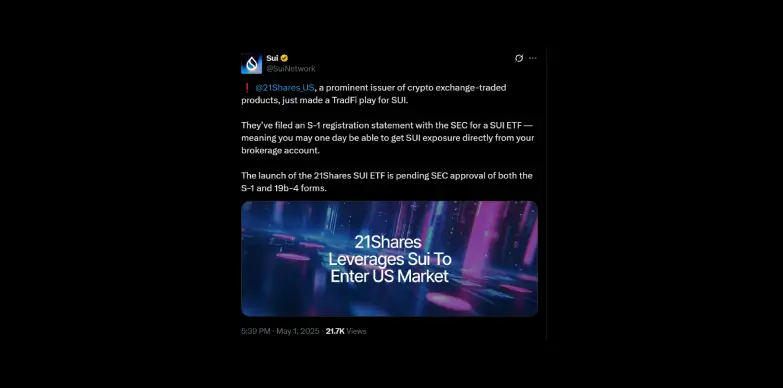 Sui Network announces 21Shares filing for SUI ETF in the United States Sui Network announces 21Shares filing for SUI ETF in the United States