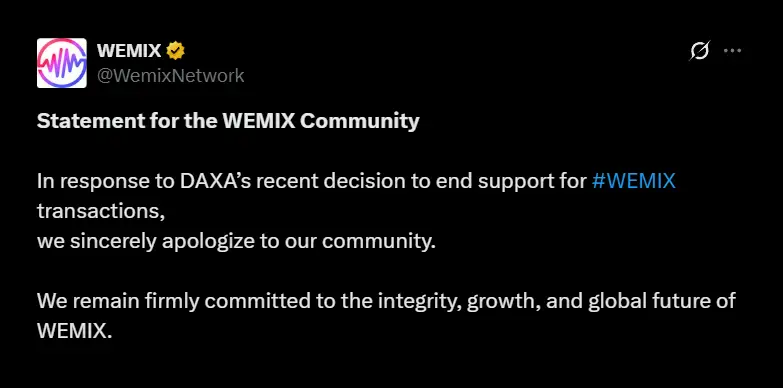 WEMIX confirms delisting and issues an official statement on X WEMIX confirms delisting and issues an official statement on X