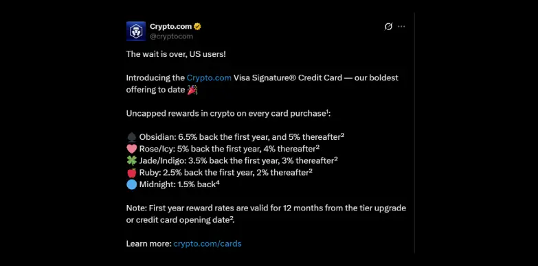 Crypto.com announces Visa Credit Card with uncapped rewards