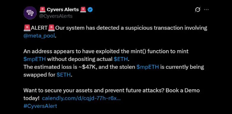 Cyver Alerts highlights Meta Pool exploit Cyver Alerts highlights Meta Pool exploit