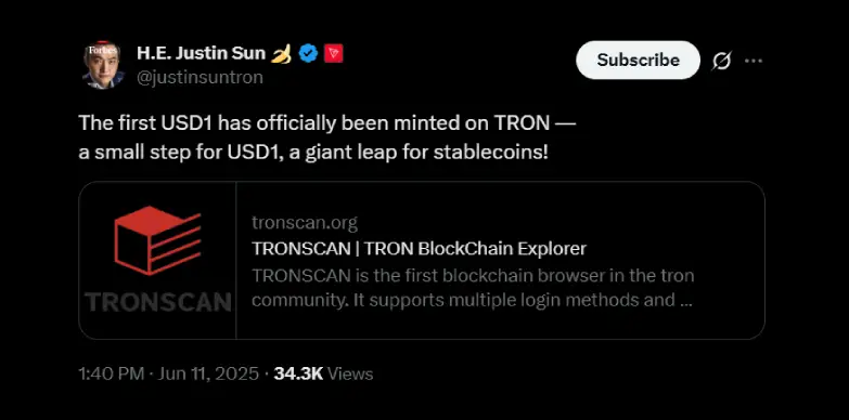 Justin Sun announces minting of USD1 on TRON Justin Sun announces minting of USD1 on TRON