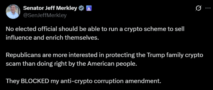 Trump Allies Block Anti-Crypto Corruption Bill: Merkley 