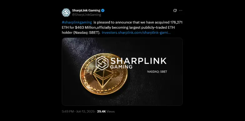 SharpLink Gaming announces strategic Ethereum purchase SharpLink Gaming announces strategic Ethereum purchase