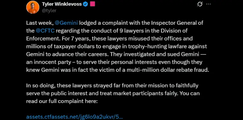 Tyler Winklevoss talks about the complaint on X Tyler Winklevoss talks about the complaint on X
