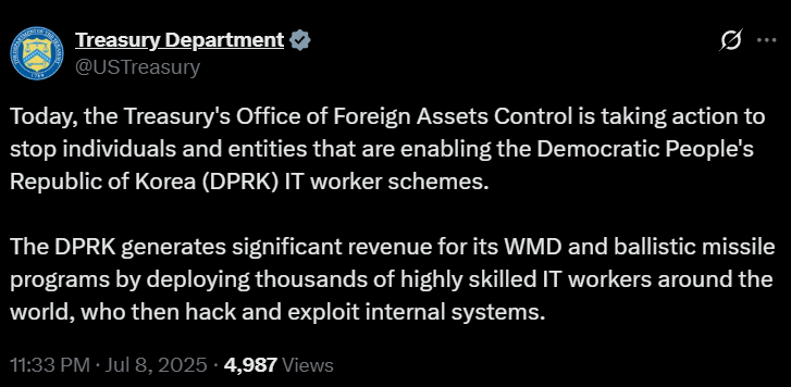 US Treasury Targets North Korean Hackers