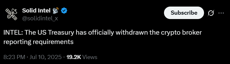 US Treasury Drops Controversial Crypto Reporting Rule