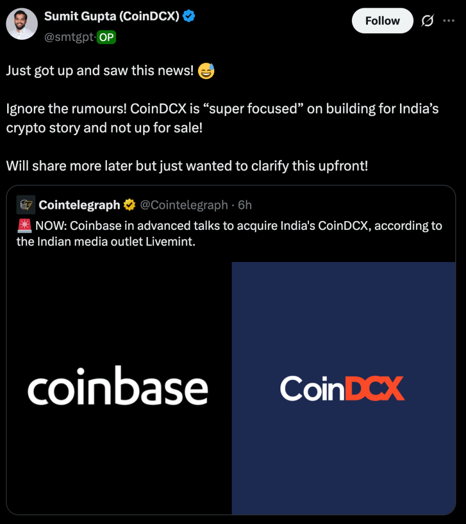 CoinDCX CEO Rejects Coinbase Buyout Rumors