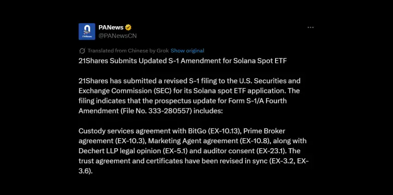 21Shares Submits Updated S-1 filing For Solana Spot ETF 21Shares Submits Updated S-1 Amendment For Solana Spot ETF
