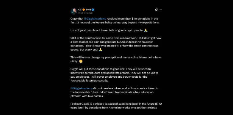 CZ thanking the community for raising $1 million in 12 hours yesterday