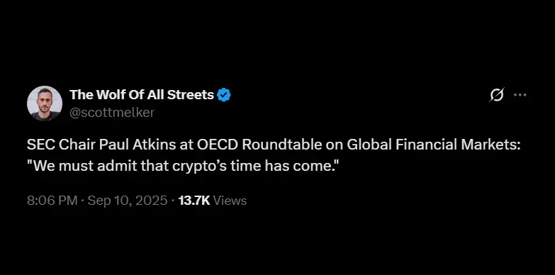 Paul Atkins says "We must admit that crypto's time has come"