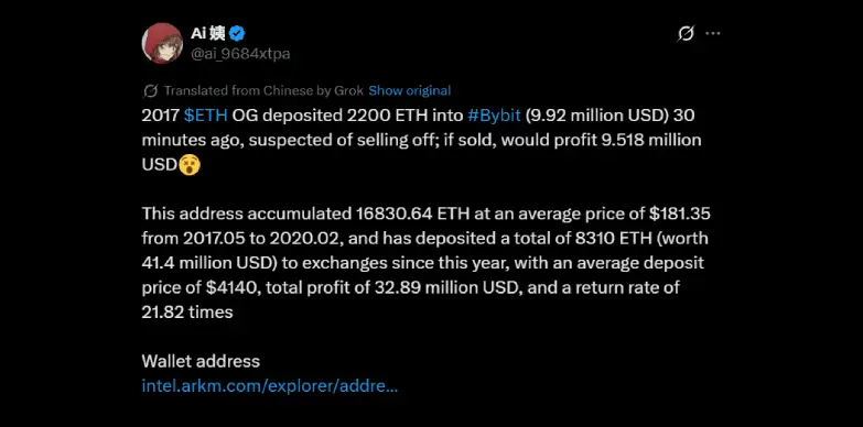 X user highlights an OG whale depositing ETH onto Bybit