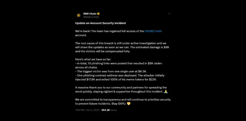 BNB Chains talks about the compensation