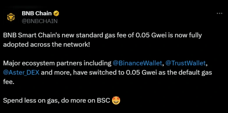 BNB announced revised gas fees last week