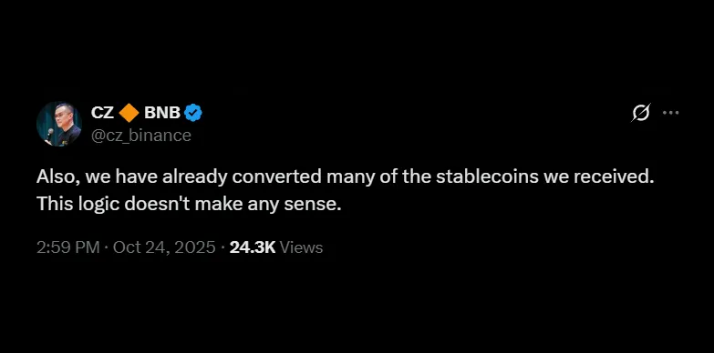 CZ points out that most of the WLFI tokens are converted to other digital assets