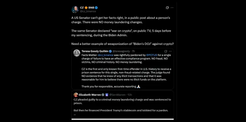 Binance's former CEO responds to Senator Warren's criticism