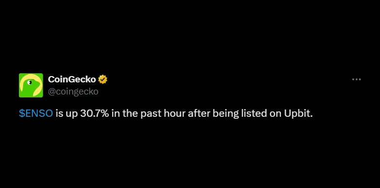 CoinGecko reports that ENSO is up by 30.7% after Upbit listing CoinGecko reports that ENSO is up by 30.7% after Upbit listing