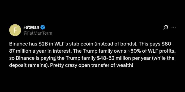 FatMan claimed that Binance $2B WLFI stablecoin holdings indirectly generate millions in profits for the Trump family FatMan claimed that Binance $2B WLFI stablecoin holdings indirectly generate millions in profits for the Trump family