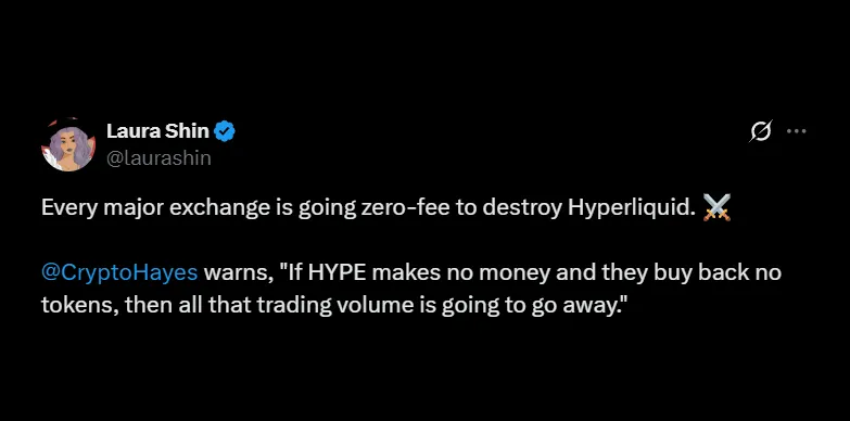 In an interview with Laura Shin, Arthur Hayes talks about how zero-fees adopted by other exchanges going to destroy Hyperliquid