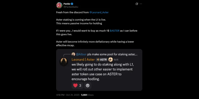 Leonard confirms Aster staking to be launched along with L1