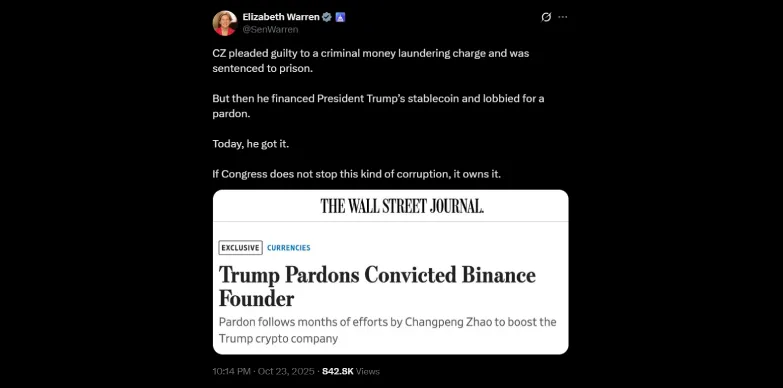 Senator Warren criticizes CZ's pardon on X Senator Warren criticizes CZ's pardon on X