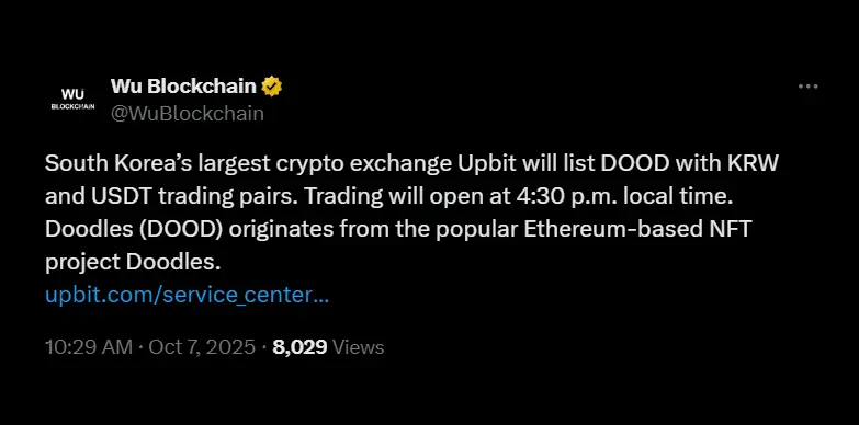 Upbit announces listing of DOOD as cited by Wu Blockchain