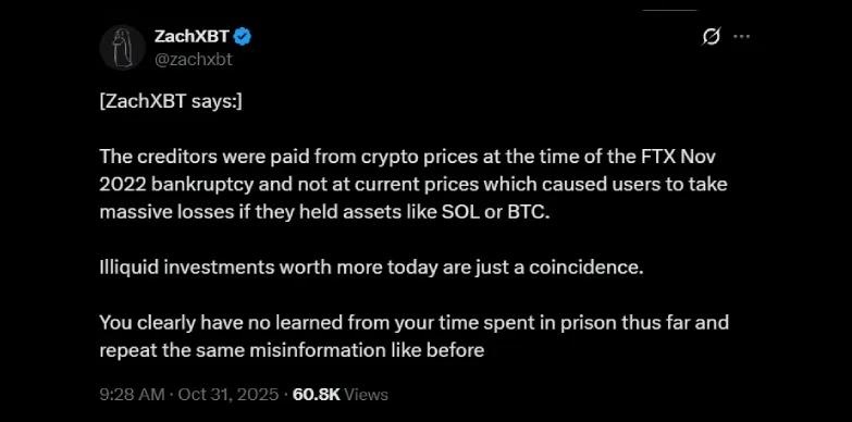 ZachXBT criticizes SBF on X and highlights creditor loss