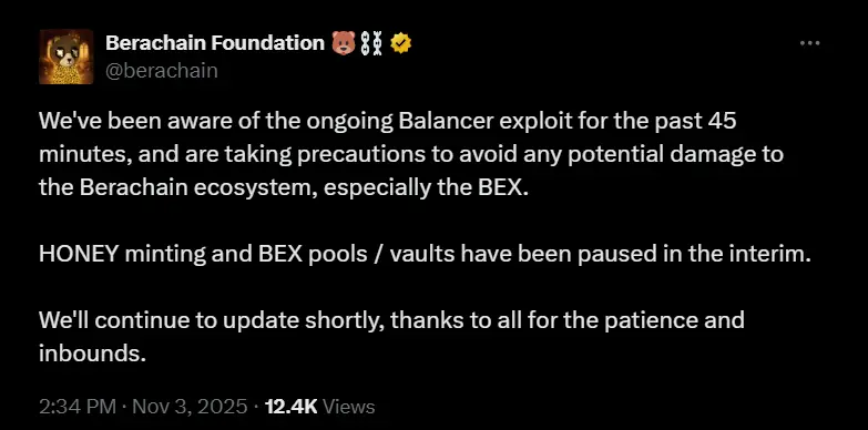 Berachain announces a pause to protect user fund Berachain announces a pause to protect user fund