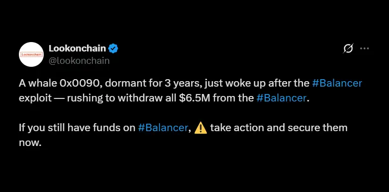 Dormant whale rushes to withdraw $6.5 million from Balancer Dormant whale rushes to withdraw $6.5 million from Balancer
