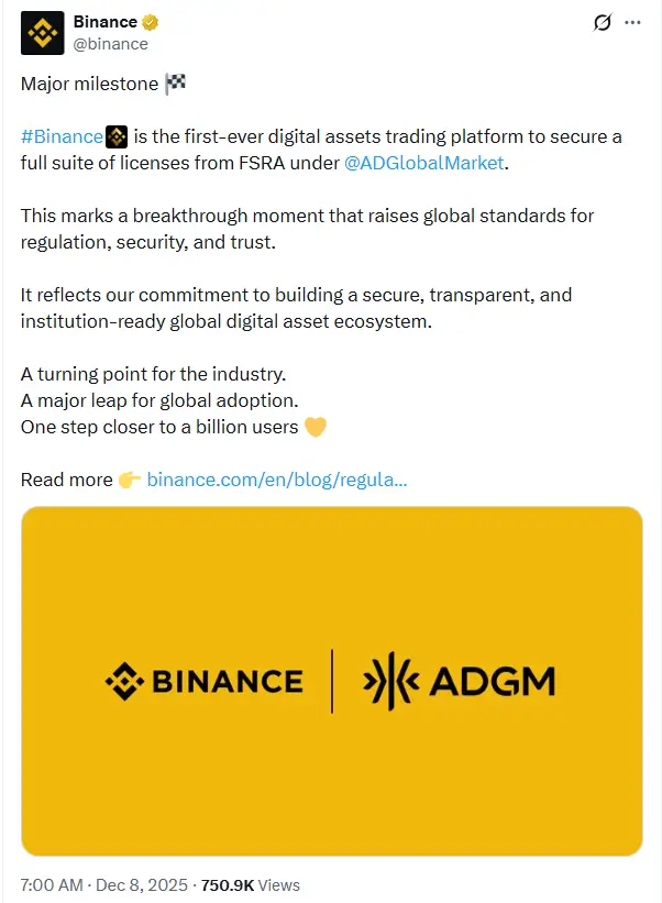 Binance Secures Global-First ADGM License to Operate Under Gold-Standard