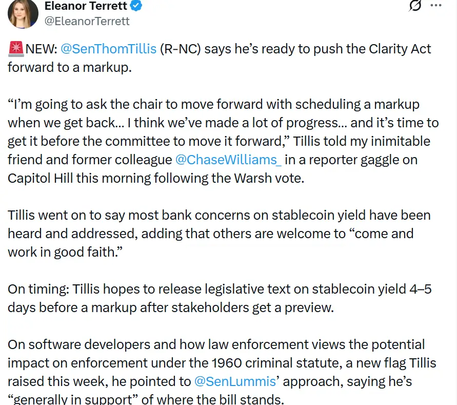 CLARITY Act Advances as Sen. Tillis Signals Stablecoin Yield Progress